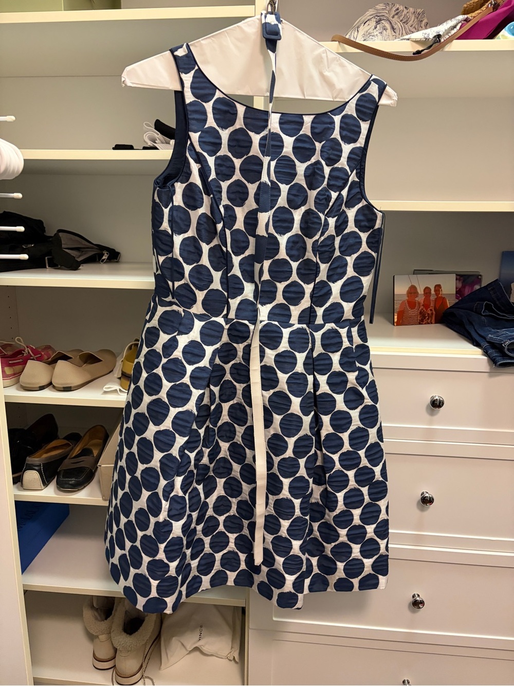 Theia Navy and White Polka Dot Sleeveless A-Line Dress